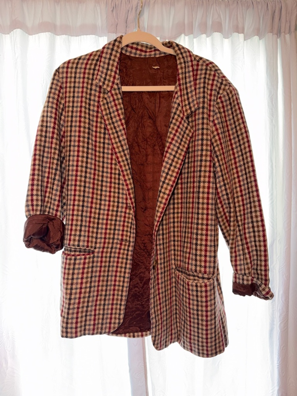 Vintage-Inspired Women's Plaid Blazer Jacket - Brown & Red